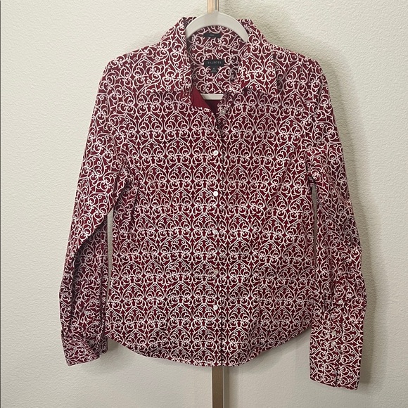 Talbots women’s button down blouse Maroon White scroll print 10 - Picture 1 of 7